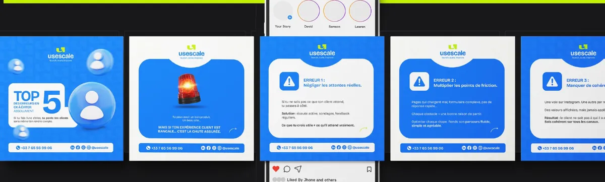 Série de cinq visuels bleus pour un carrousel LinkedIn